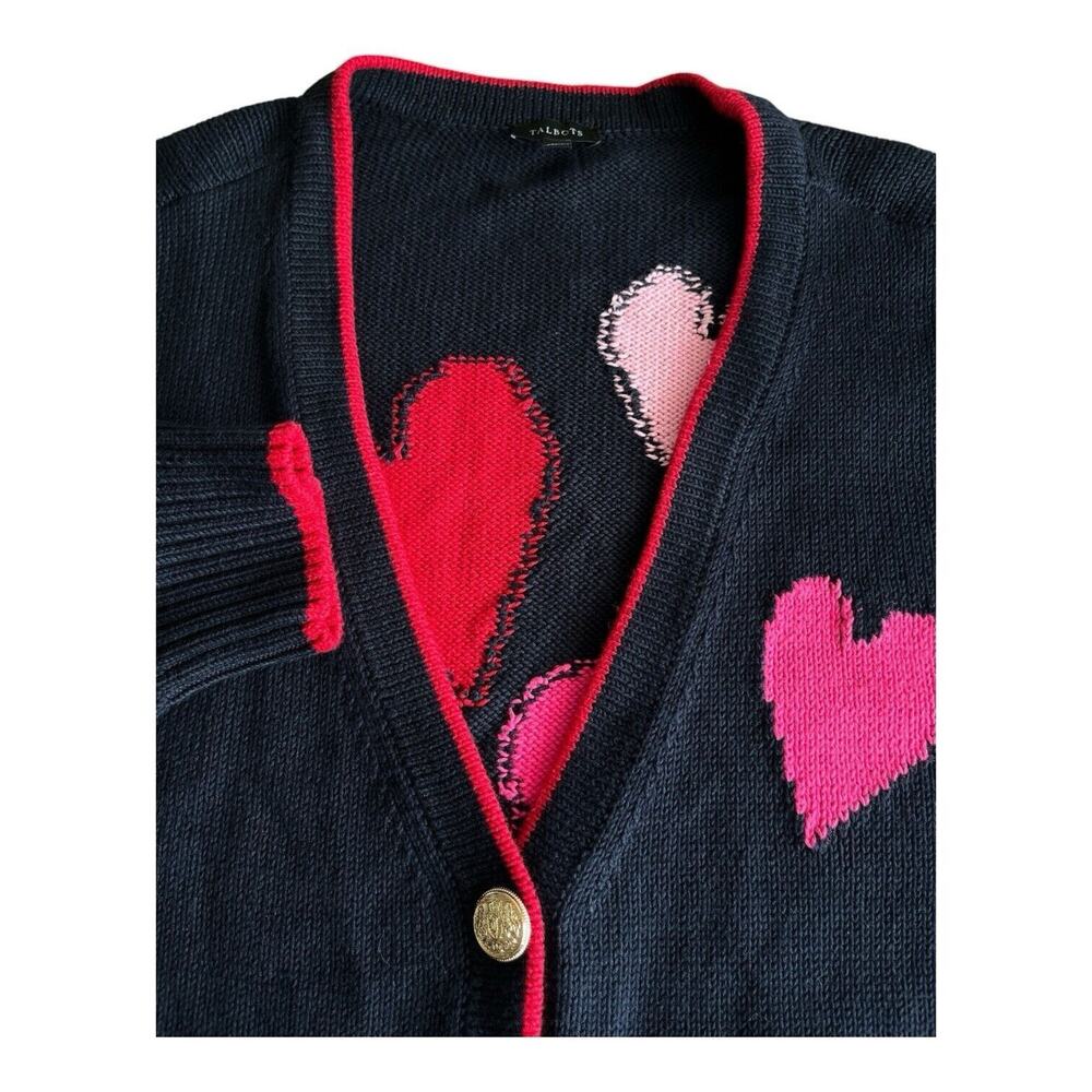 Talbots Cardigan Women's XL Navy Blue Pink Hearts Gold Buttons Valentines Day - Picture 4 of 5